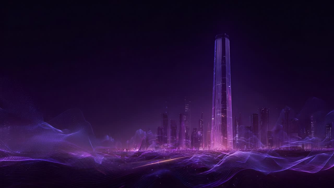 Ethereal digital city glowing with purple and pink neon lights at night, surrounded by abstract flowing energy waves, representing concepts of metaverse, future technology, and virtual reality