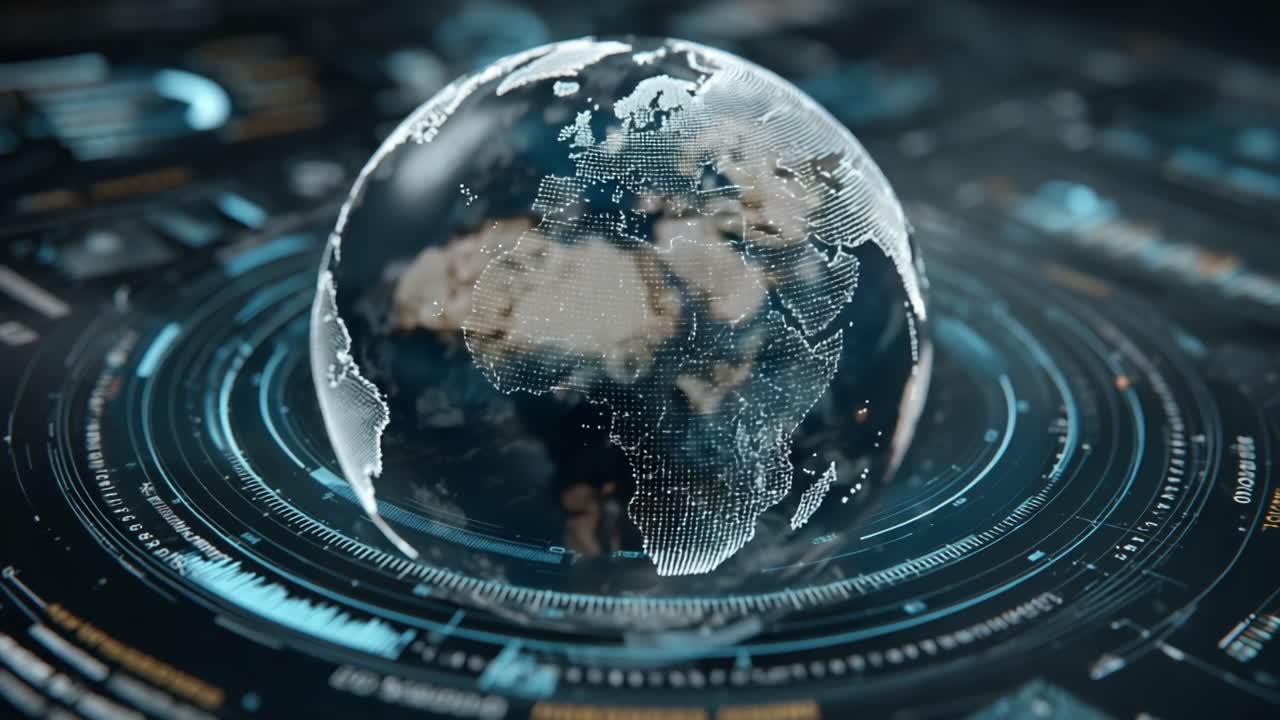 A Hypothetical 3D Representation of Earth Surrounded by Futuristic Data Displays, Emphasizing Global Connectivity and Geographical Awareness