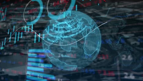 animación de un globo brillante con procesamiento de datos sobre el paisaje urbano