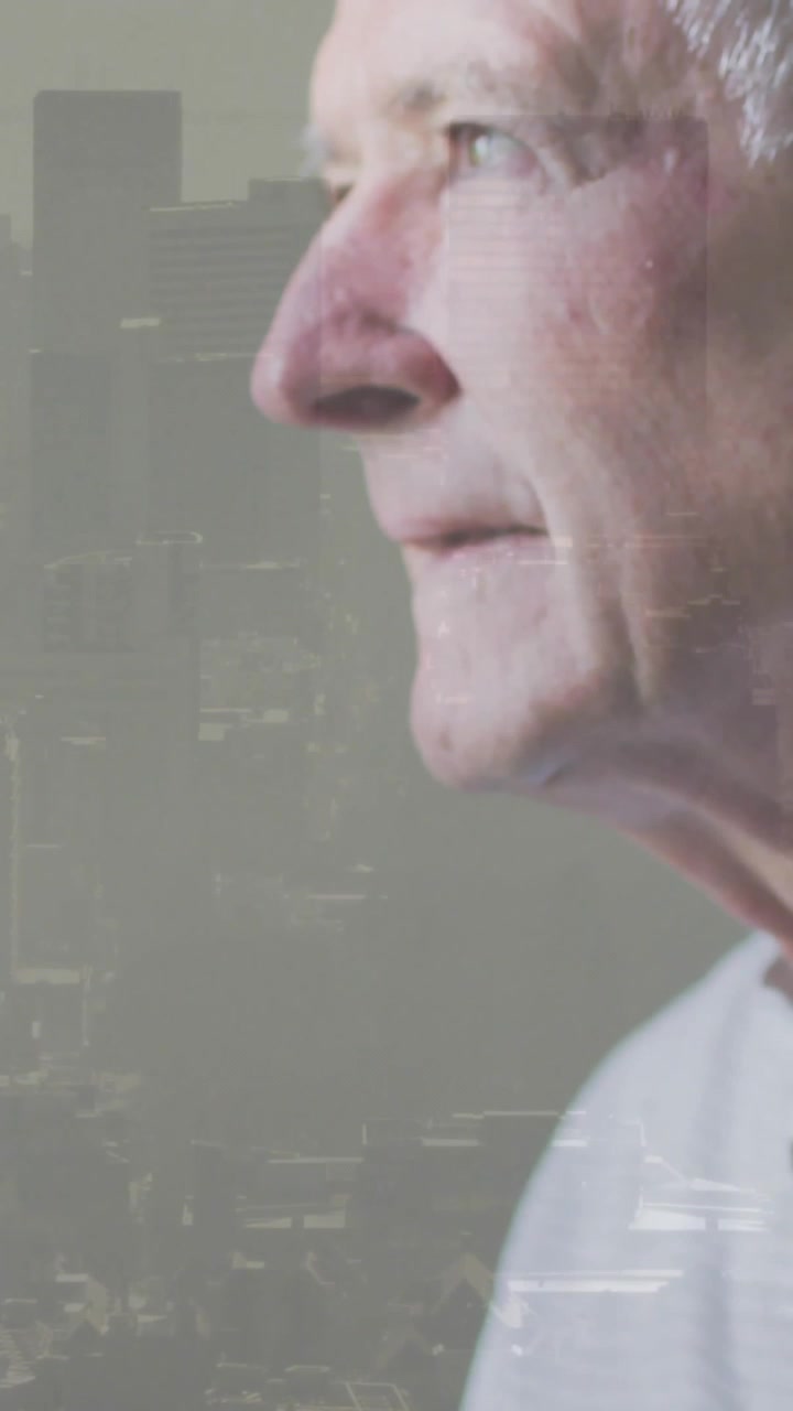 In cityscape background, elderly man posing thoughtfully with animation in mind