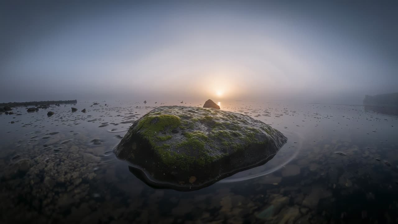 Den lysere sol bader en mosbevokset stenblok ved en tåget kystlinje, kameraet bevæger sig længere ned og afslører alger.