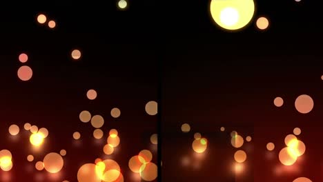 Animation-of-split-screen-showing-glowing-orange-and-yellow-spots-of-light,-falling-on-black
