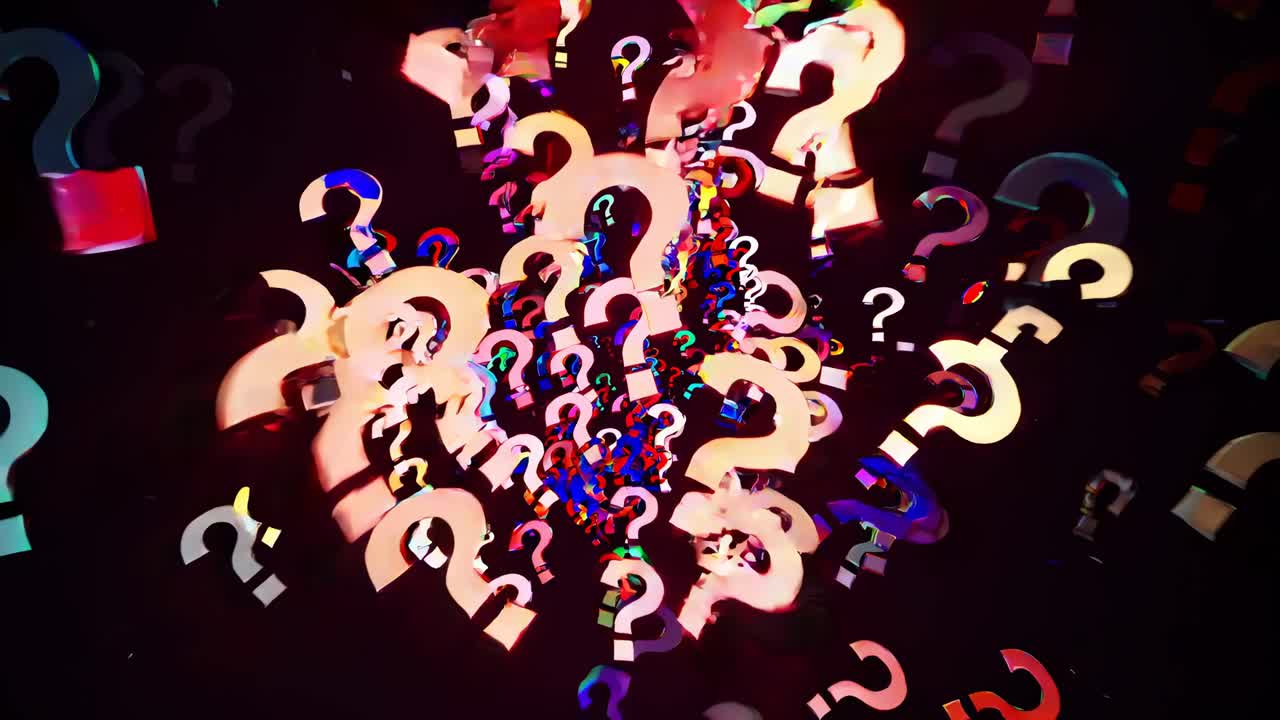 Dynamic video concept with colorful question marks spiraling from a central point