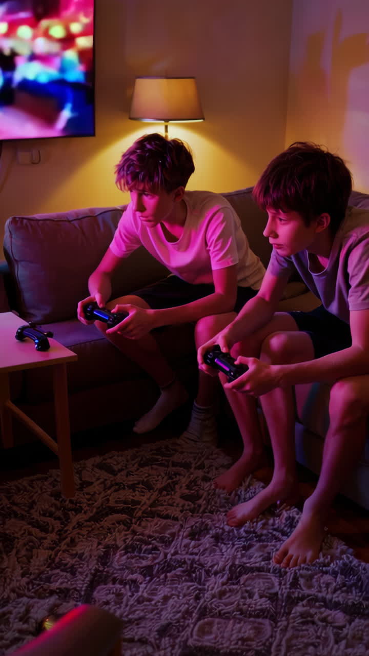 Two young males playing video games on a couch with dynamic colorful lighting