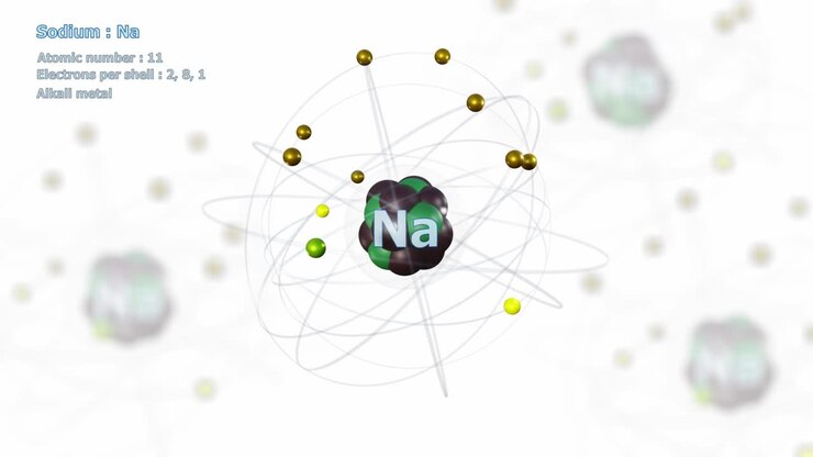 Atom of Sodium with 11 Electrons in infinite orbital rotation on white with atoms