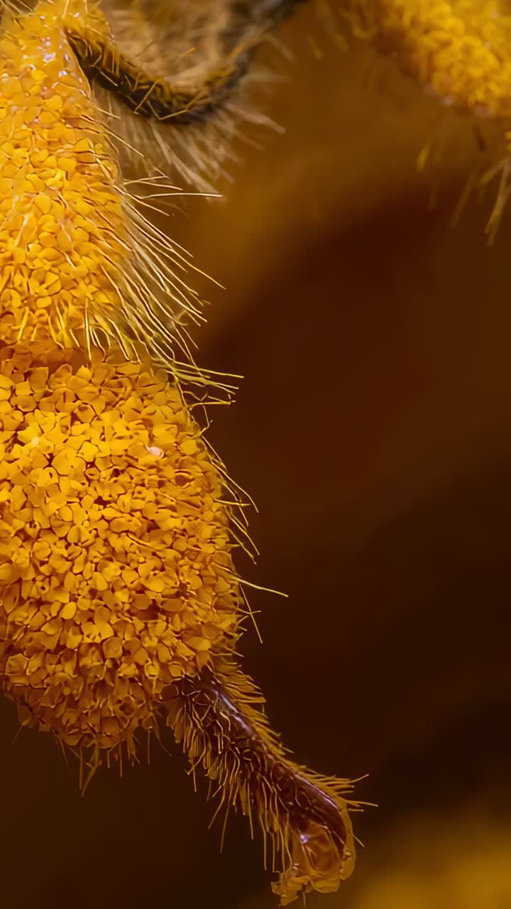 Vertical video: Exuding nectar on flower disk, pollen-laden leg forming droplet while hairs moving