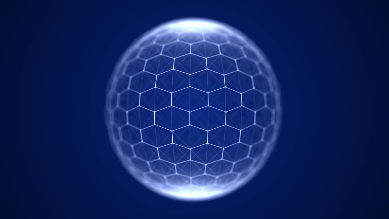 육각형으로 구성된 구, 점과 선이 있는 기술 그리드 구, 현대 와이어 프레임 요소, 3d 렌더링