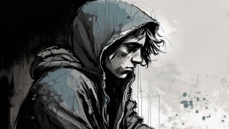 animation of sad looking depressed young man in a hoodie