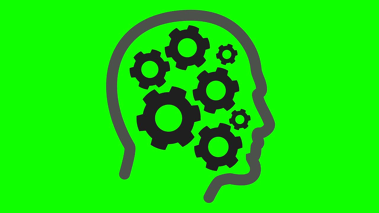 Cogs rotate inside human head. Brain Mechanics with spinning element. Available in 4K FullHD and HD video 2D render footage on green screen chroma key.