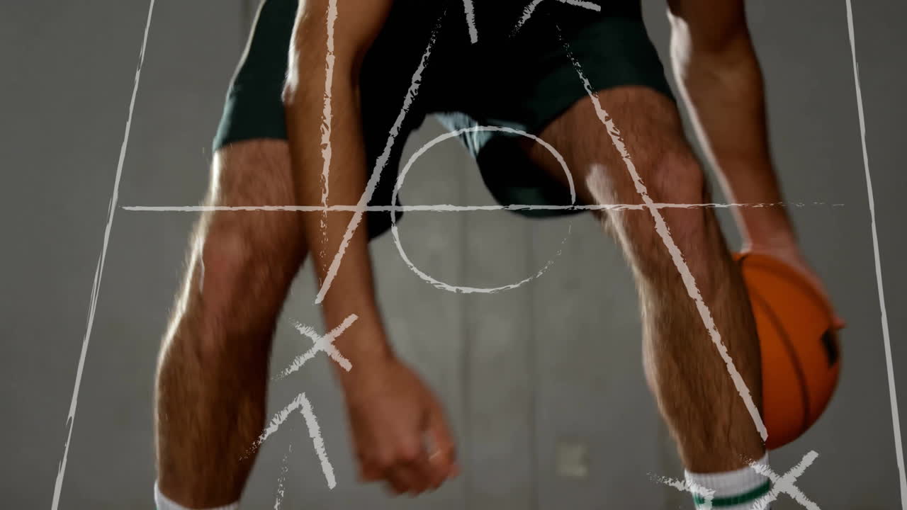 animación de estrategia de baloncesto sobre el jugador driblando la pelota en la cancha