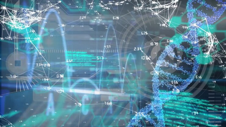 Animation of dna strand, data processing and network of connections over black background