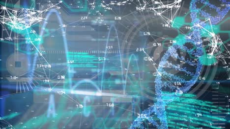 Animation-of-dna-strand,-data-processing-and-network-of-connections-over-black-background