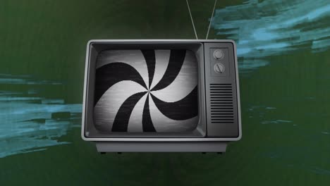 Spiral-rotating-on-retro-television-screen-over-glowing-static