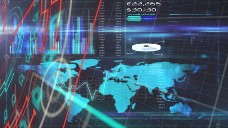 animación del escaneo del alcance y el procesamiento de datos con el mapa del mundo en el fondo