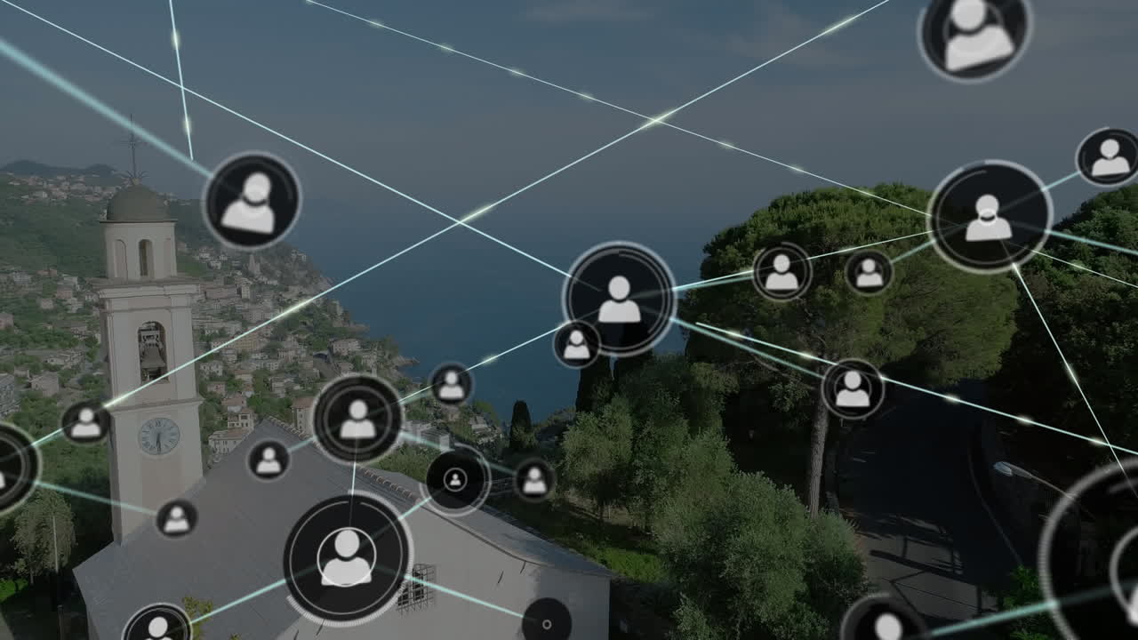 animación de la red de conexiones con iconos sobre el paisaje urbano