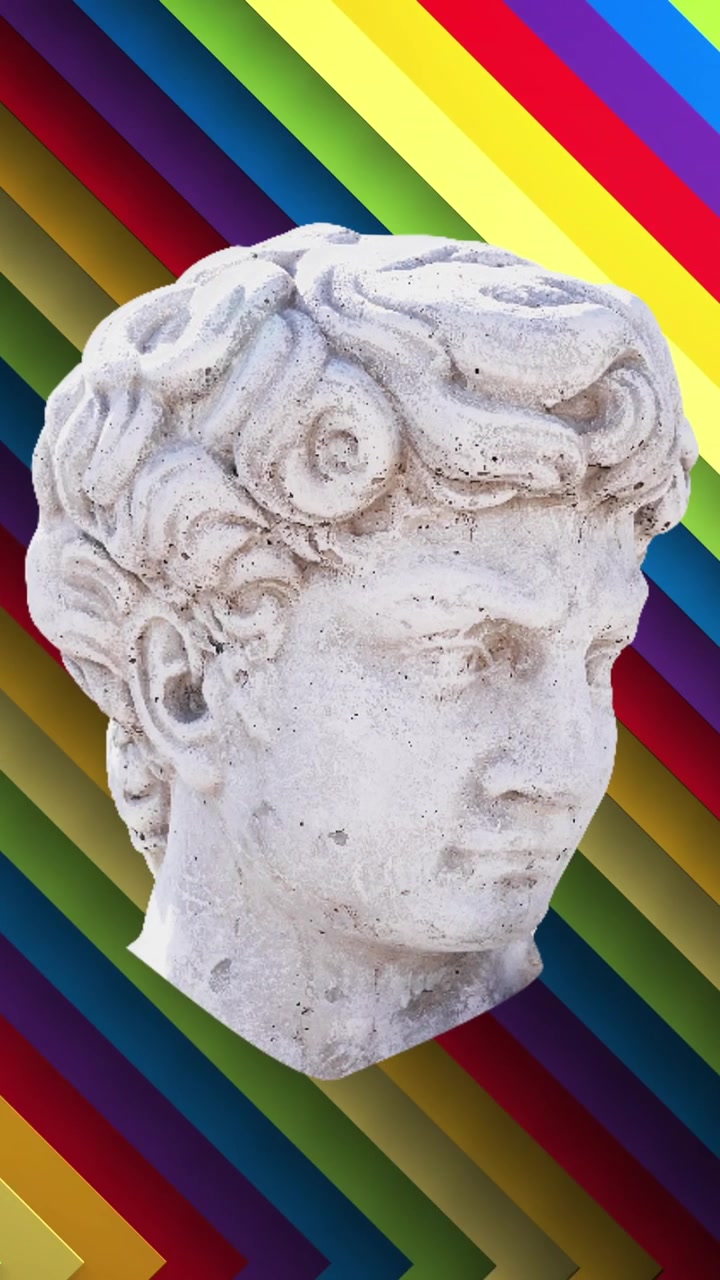 Animazione di busto scultoreo maschile classico distorto su strisce diagonali arcobaleno.