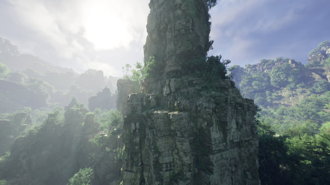 Majestic rock formation surrounded by lush greenery in a mystical landscape