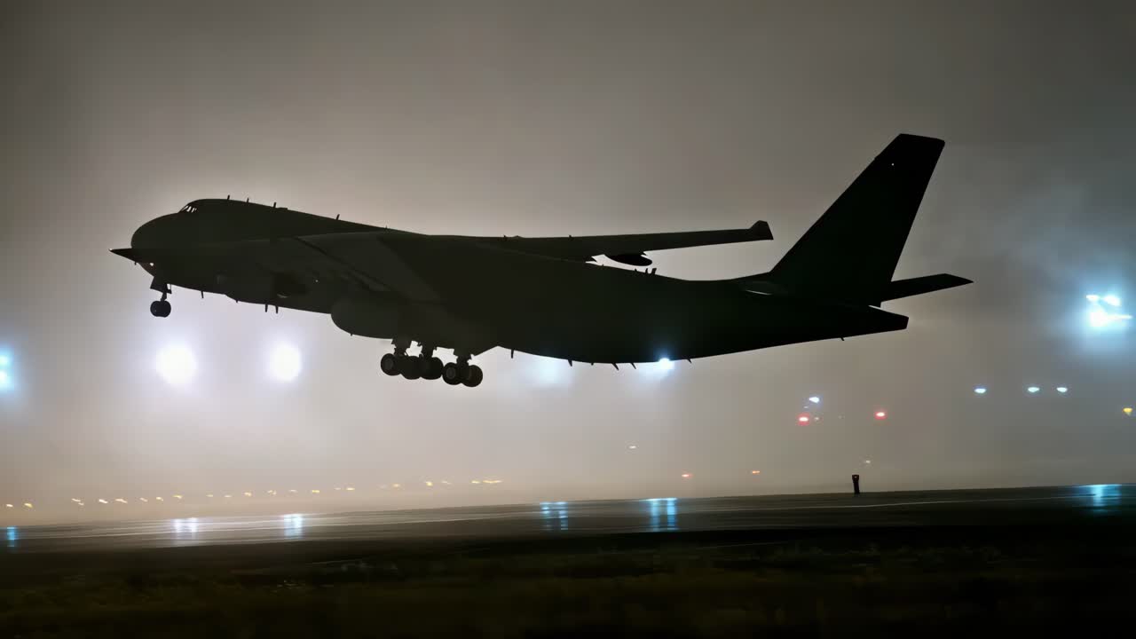 gran avión de carga aterrizando en la niebla por la noche