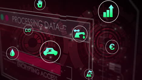 animación de procesamiento de datos e iconos de ecología sobre el escaneo de alcance