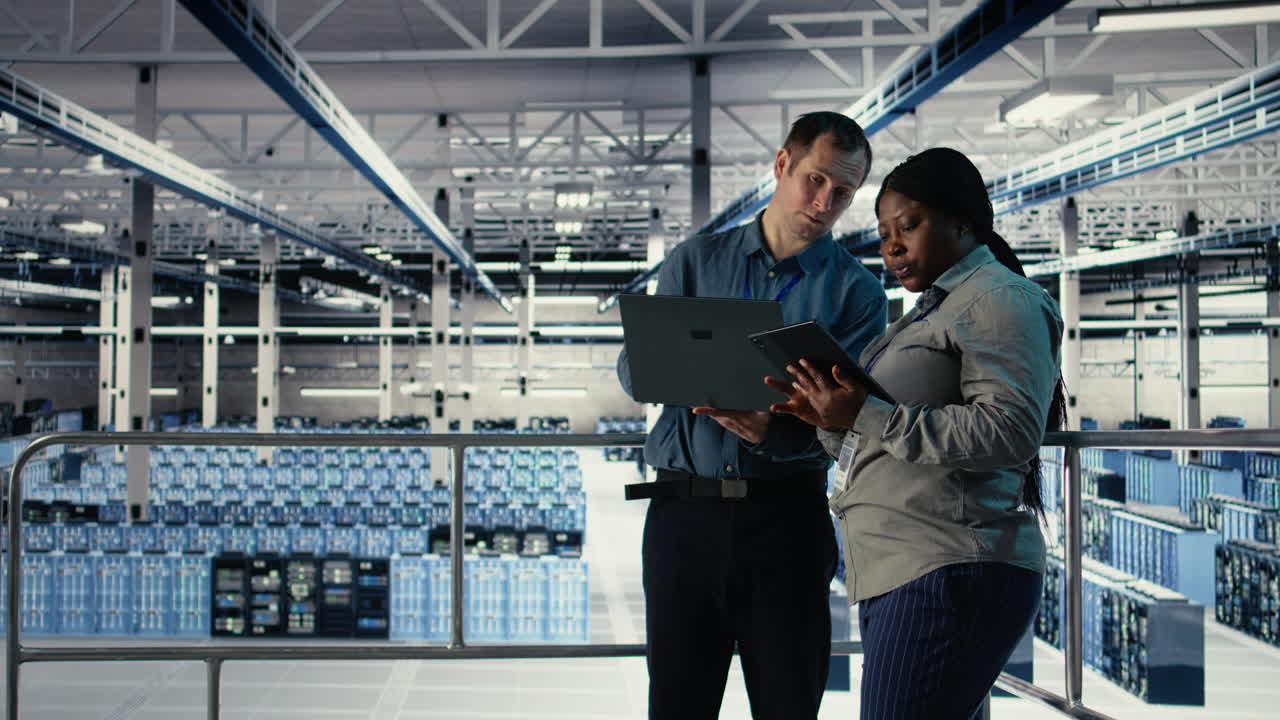 Server Room Coworkers Scan Infrastructure For Security Issues Using Laptop