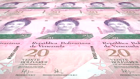 banknotes of twenty venezuelan bolivars rolling on screen, cash money, loop