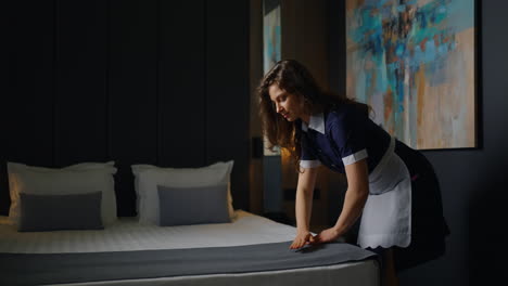 a maid makes a bed in a hotel room