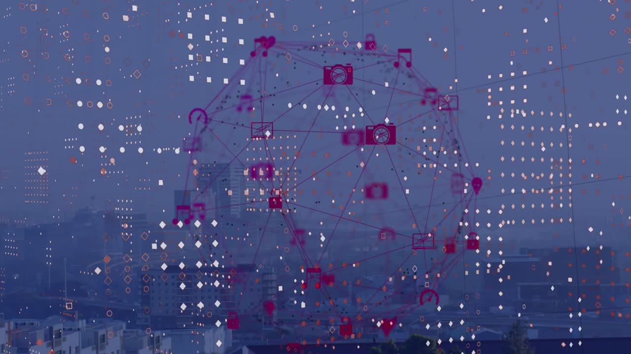 도시 풍경의 공중 전망에 대한 디지털 아이콘과 점 패턴의 지구의 애니메이션