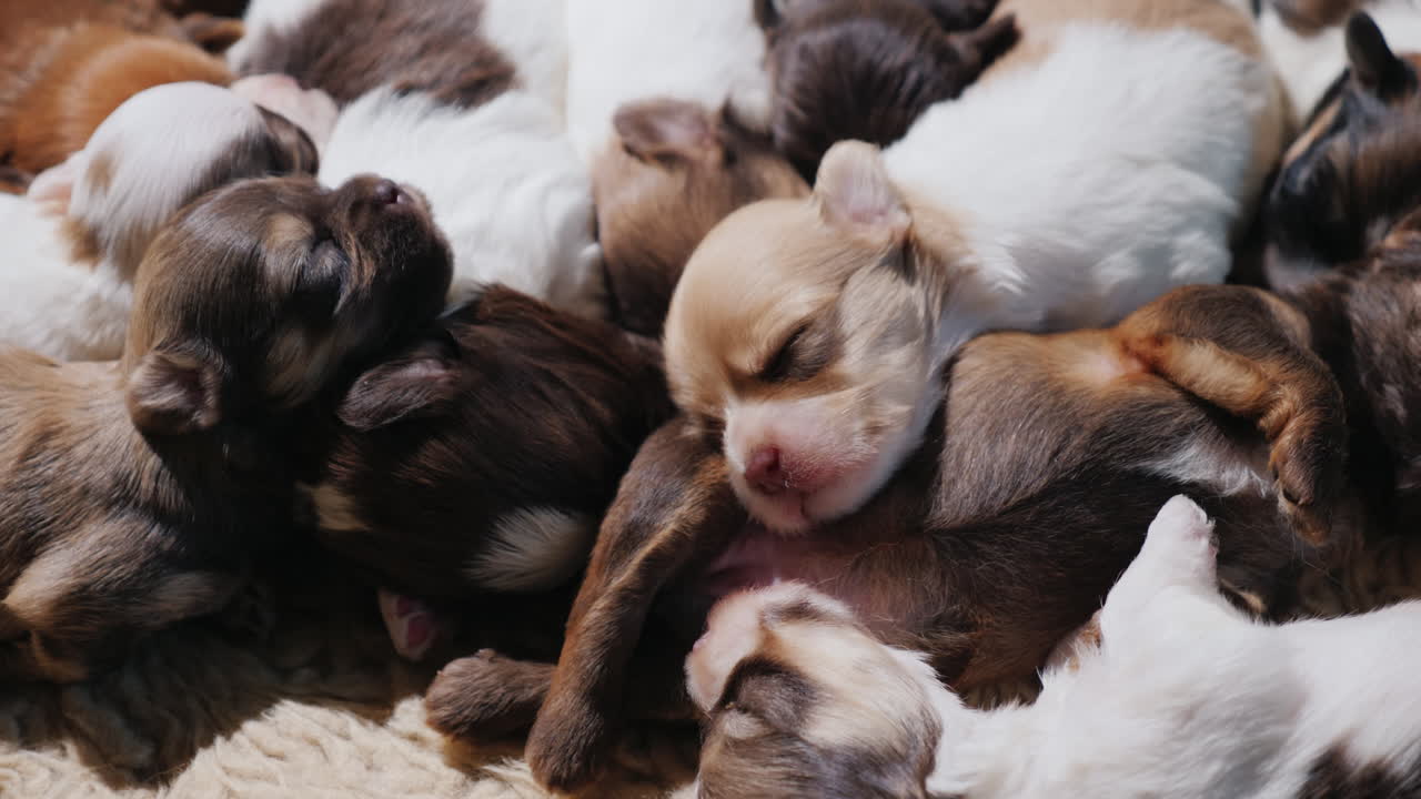 um grupo de filhotes recém-nascidos dorme docemente um ao lado do outro