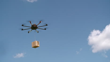 Low-Angle-View-Of-Drone-Flying-Through-The-Air-And-Carrying-Post-Package