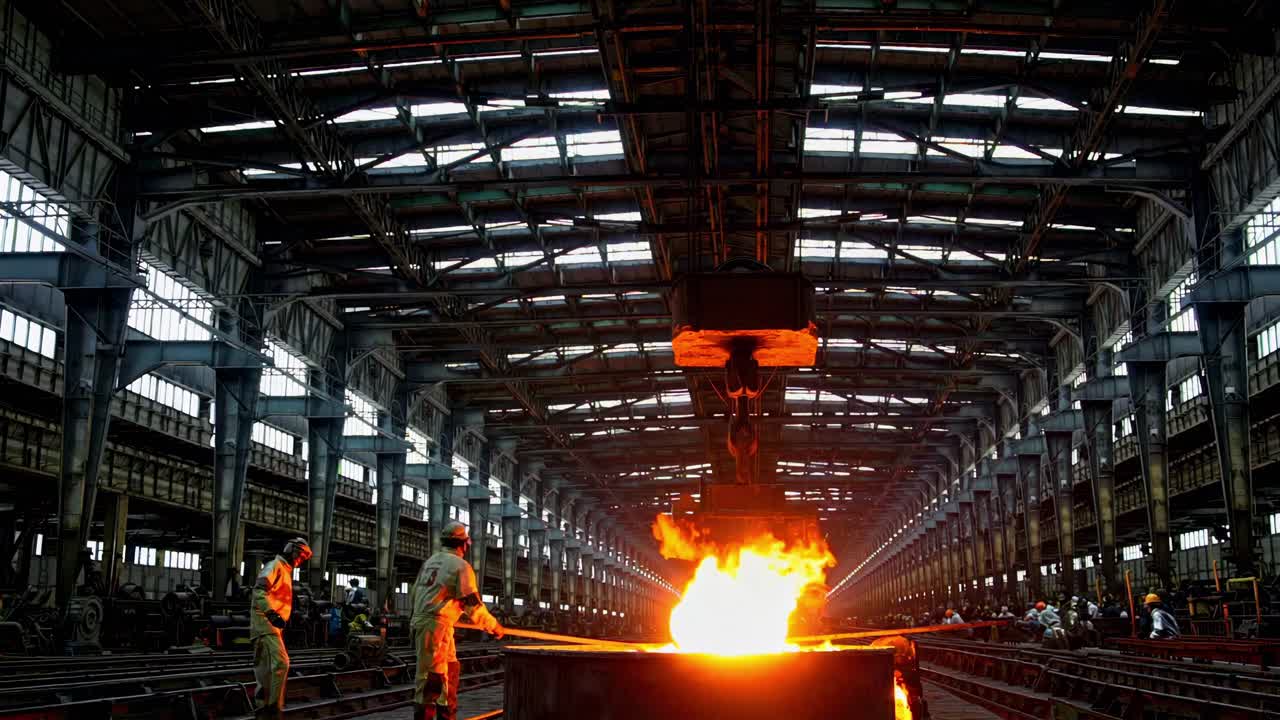 Steel melting process at a large industrial facility in the evening with workers overseeing operations