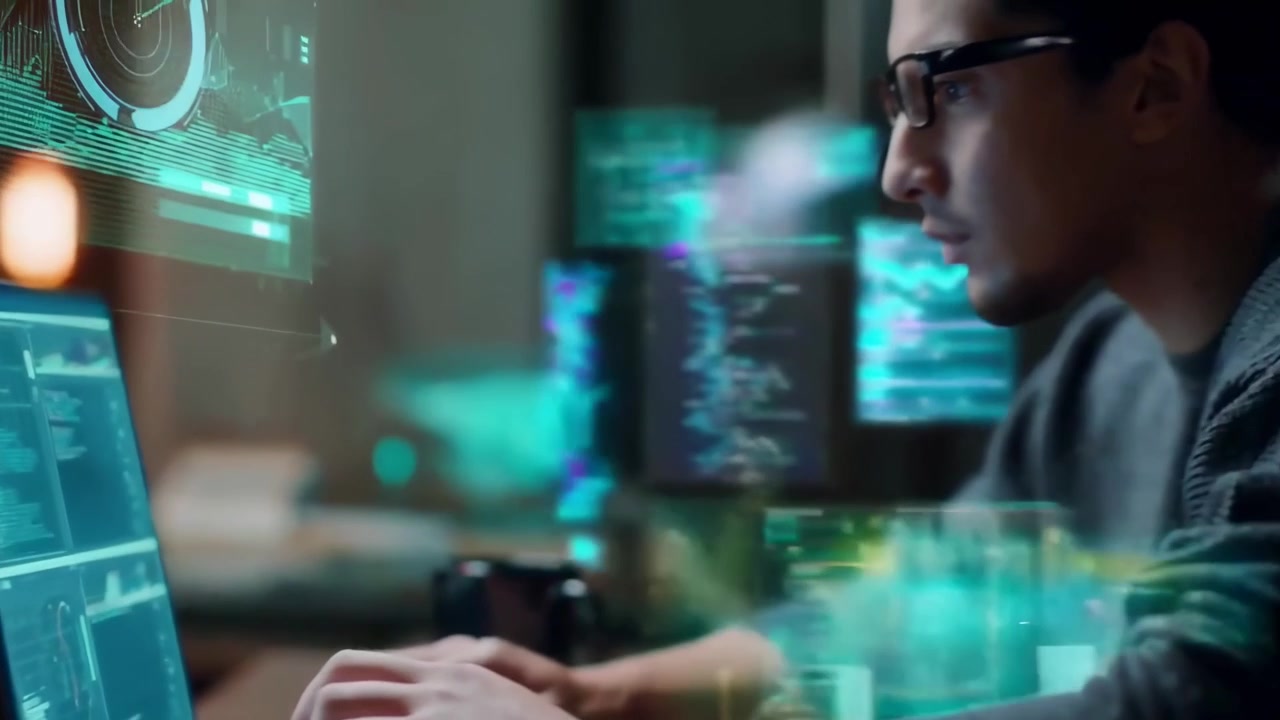 Software Developer Working on Code with Holographic Data Interface