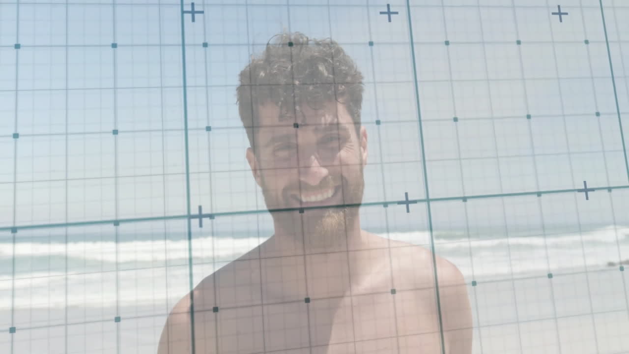 At beach, man smiling with animation of graph overlay showing data points