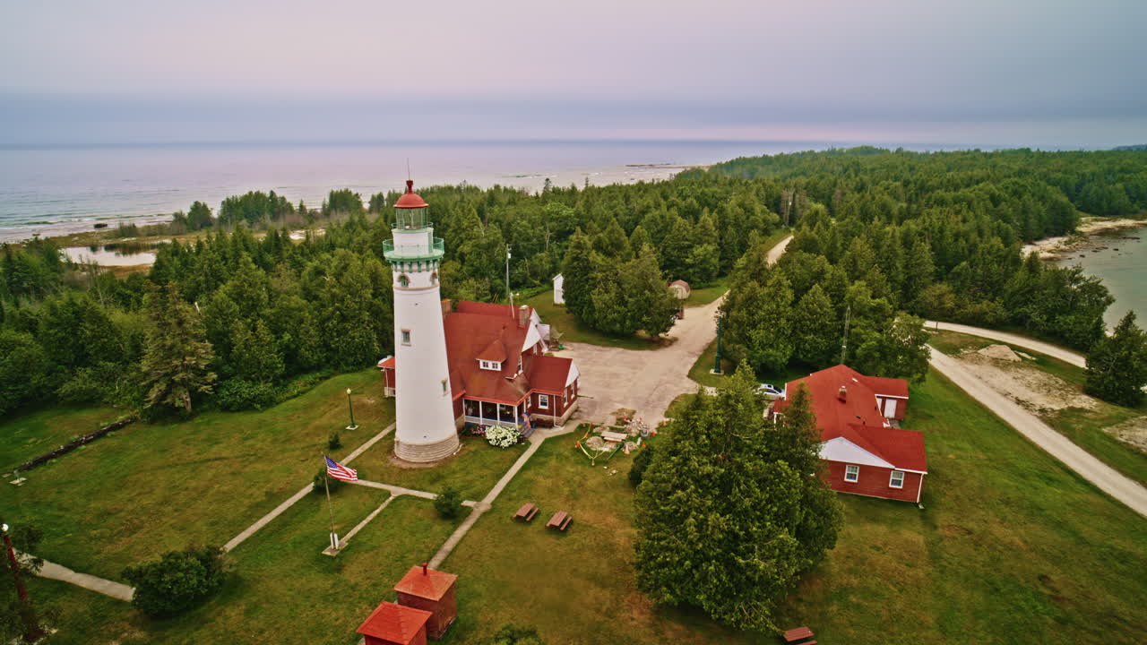 Drone shot panning around lighthouse