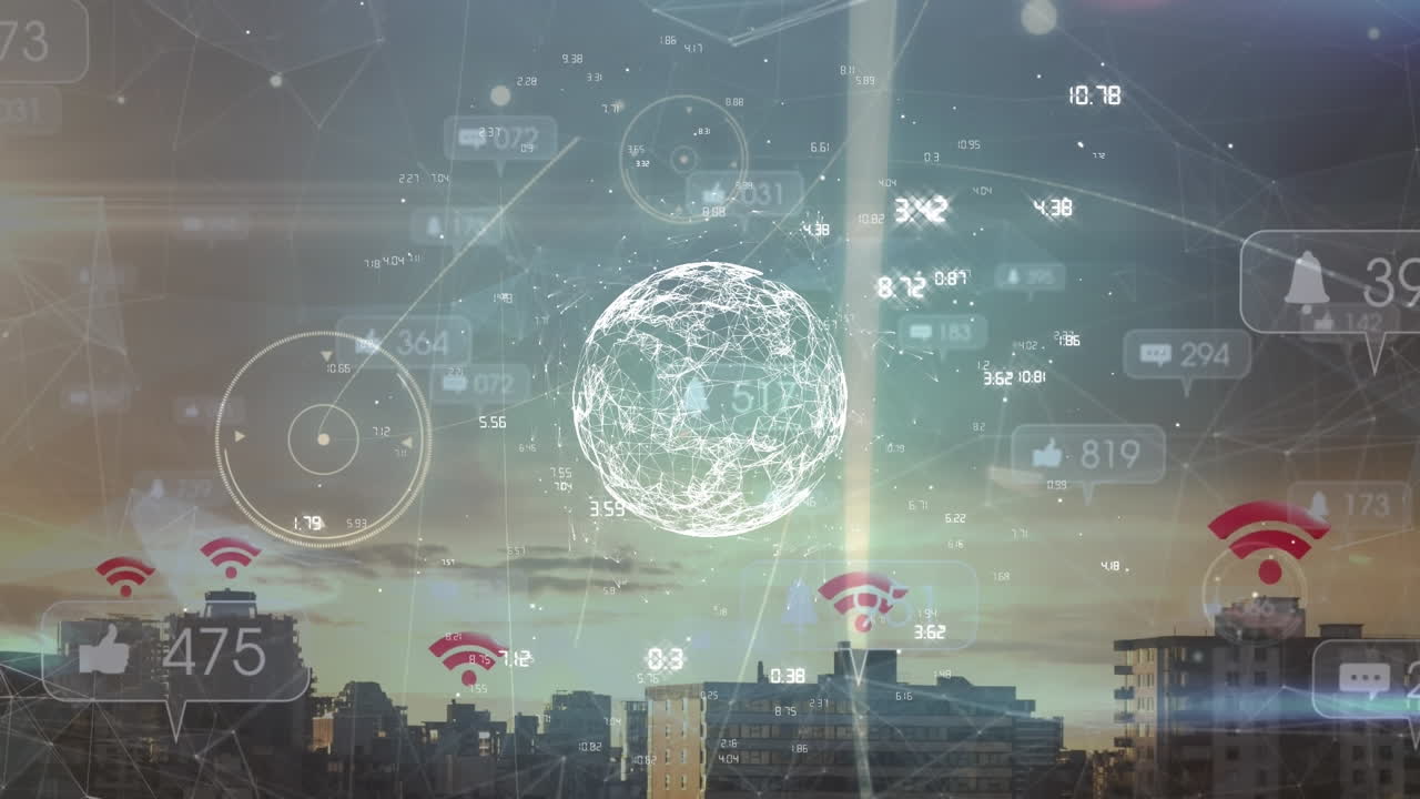 Animation of numbers around globe, connected dots over wifi icons on buildings against cloudy sky