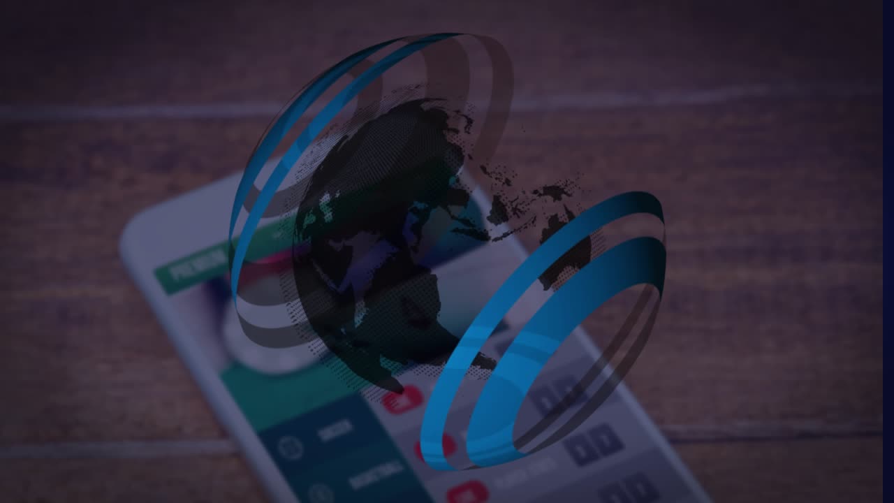 Animación de un globo terráqueo sobre un teléfono inteligente en un escritorio