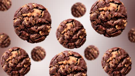 una corriente de deliciosas galletas de chispas de chocolate para el desayuno de diferentes diámetros diámetros en un fondo de color gradiente de tendencia. imágenes 4k uhd. diseño futurista, diseño de movimiento animación. diseño de arte pop, creatividad dulces de navidad concepto de comida