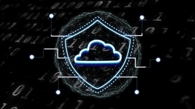 Binary scroll sparking orb rotating, shield tracing, cloud glowing, nodes linking, guarding network