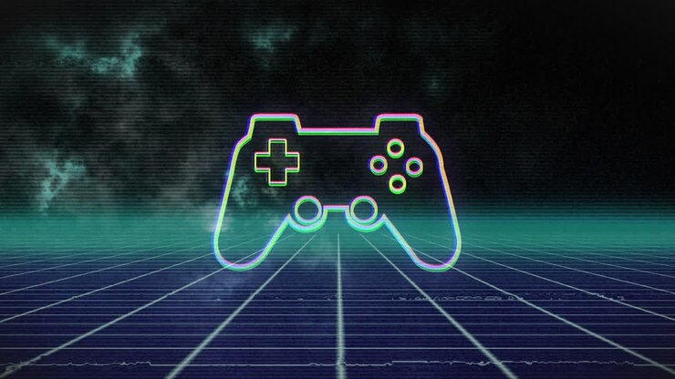 Animazione di un gamepad su sfondo metaverso.