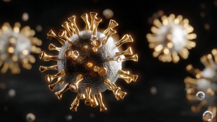 Imponerende visualisering af en virus, der viser dens komplekse struktur og detaljerede overflade, fremhævet i en fængslende guld- og sort farvepalet.