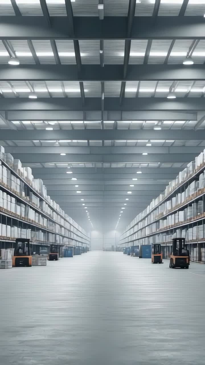 Vertical video: Sequence opening showing warehouse aisle, metal shelving, pallets and forklifts