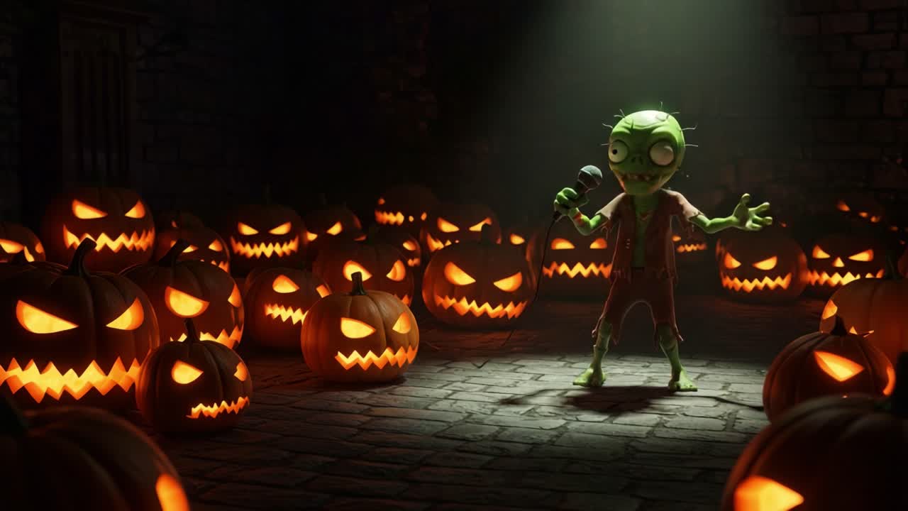 A Spooky Zombie Entertainer Poses Amidst Glaring Jack-o'-Lanterns in a Dark, Eerie Halloween Scene Captivating the Audience with a Microphone Performance