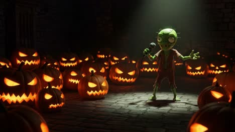 a spooky zombie entertainer poses amidst glaring jack-o'-lanterns in a dark, eerie halloween scene captivating the audience with a microphone performance