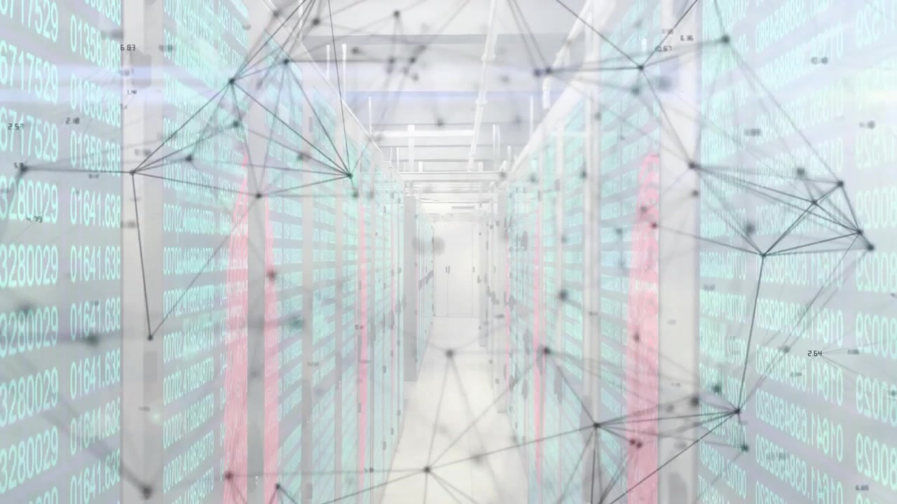 Teal data streams scrolling server racks causing network mesh pulsing fading for data flow display