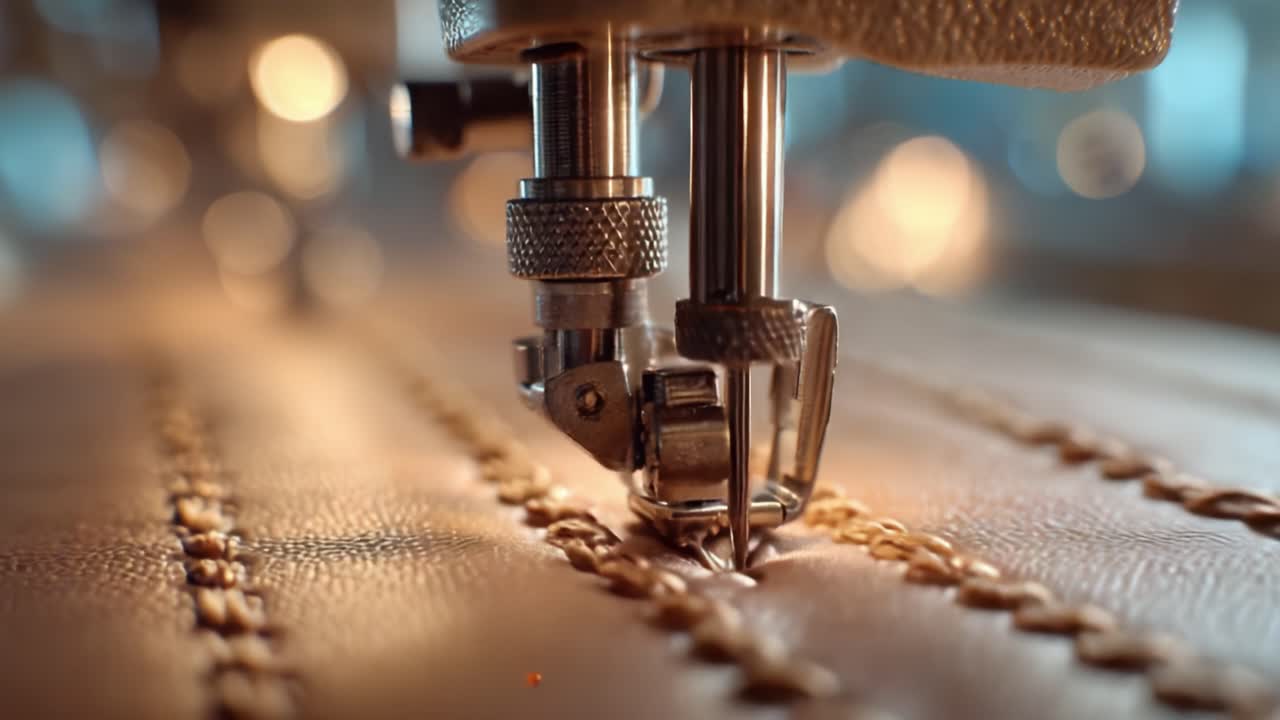 Close-up de uma agulha e calcador de máquina de costura operando em material de couro texturizado, com foco em precisão e artesanato em trabalhos têxteis
