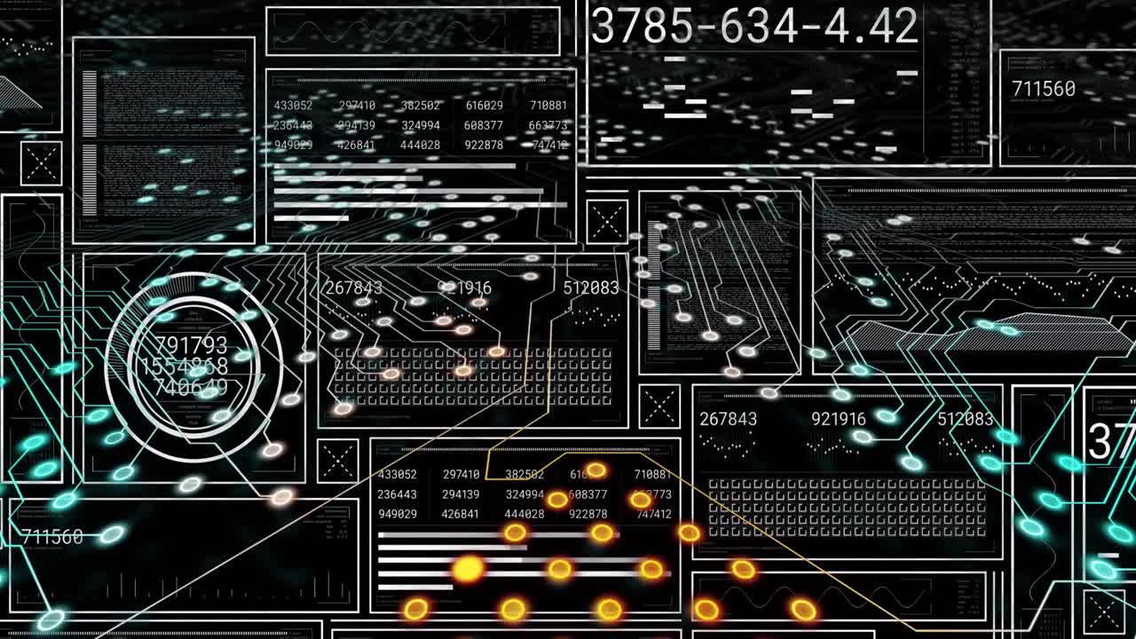 Animation of changing numbers, loading bars, squares and circles over circuit board pattern