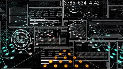 animation of changing numbers, loading bars, squares and circles over circuit board pattern