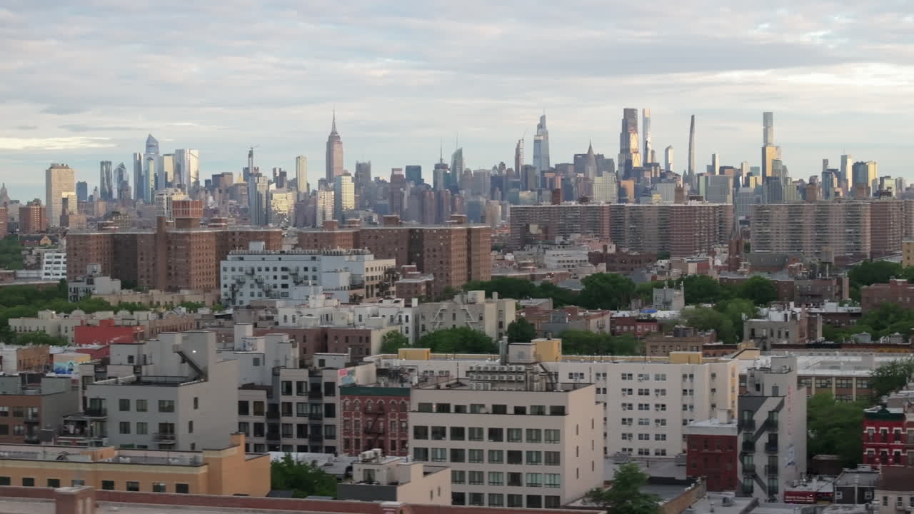Aerial view of the New York City skyline. Shot on an overcast morning in Bedford-Stuyvesant, Brooklyn