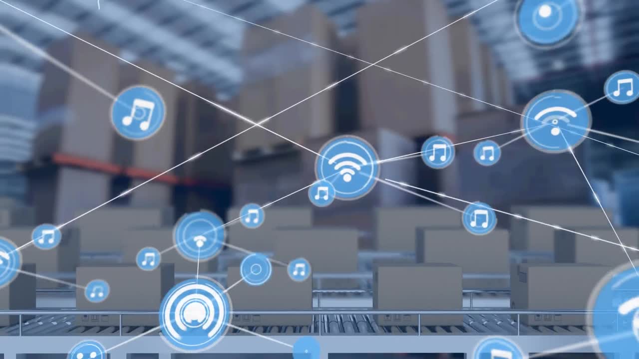 창고에서 컨베이어 벨트에 배달 상자에 대한 디지털 아이콘 네트워크의 애니메이션