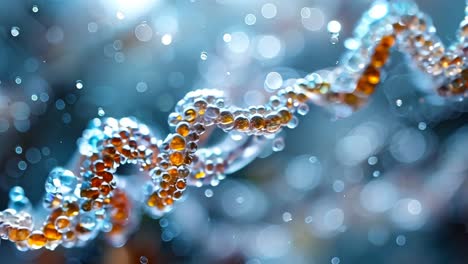 a strand of beads is shown in a blue and brown color. the beads are arranged in a spiral pattern, and the image has a dreamy, ethereal quality to it