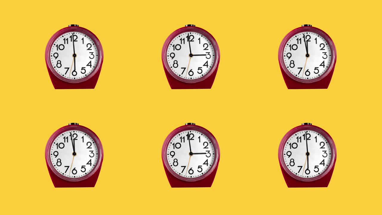seamless looping animation with two rows of classic red plastic alarm clocks with big numerals on a yellow background, copy space